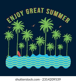 Enjoy Great Summer, Great Waves, text with a waves illustration, for t-shirt prints, posters. Summer Beach Vector illustration.