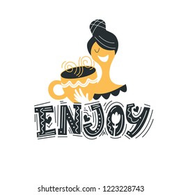 Enjoy. Hand drawn lettering. Cute girl with a mug of hot drink. Vector illustration.