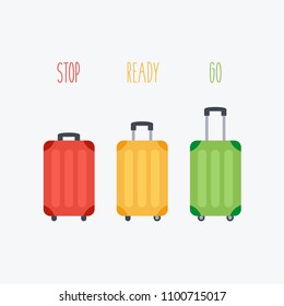 enjoy & have fun card & suitcaseflat design. luggage family in vacation. baggage in holiday. have fun & travel. stoplight traffic lights vector. stop, ready go drive & fly concept creative in summer