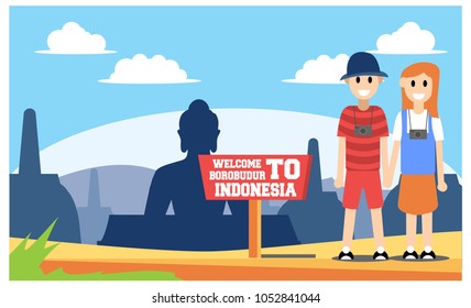 Enjoy the holiday at Borobudur temple of indonesia, vector illustration
