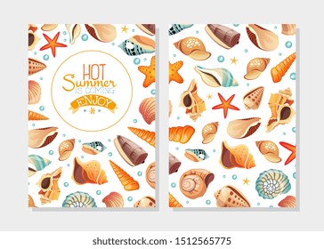 Enjoy Hot Summer Card Template with Seashells, Design Element Can Be Used for Menu, Packaging, Flyer, Certificate Vector Illustration