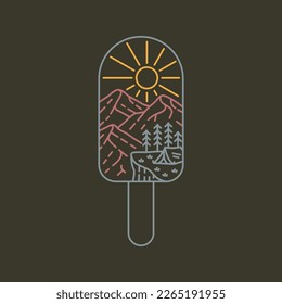 Enjoy Ice Cream While Camping Mountain Background Monoline Design Illustration for Apparel