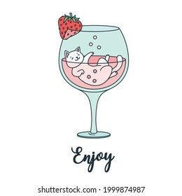 Enjoy. Illustration of a funny white cat swimming in a cocktail glass. Can be used as greeting card or poster.