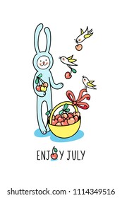 Enjoy July greeting card. Baby bunny rabbit collects sweet cherry in a basket and little birds help him. Cute hand drawn animal characters and graphic elements for kids design on white background.