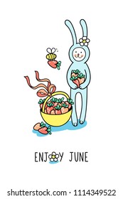 Enjoy June greeting card. Baby bunny rabbit collects sweet strawberry in a basket and little bee helps him. Cute hand drawn animal characters and graphic elements for kids design on white background.