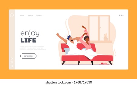 Enjoy Life Landing Page Template. Couple Young Man and Woman Wake Up at Morning, Awaken Happy Characters Stretching Body Sitting on Bed after Getting Up in Bedroom. Cartoon People Vector Illustration