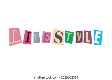 Enjoy life or lifestyle word text in cut out printed letters typography art. Isolated vector illustration. ABC alphabets font concept.