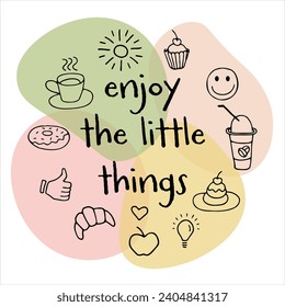 Enjoy the little things. Aesthetic doodle set of hand drawings, handmade sketches. Food and Drink, fast food doodles vector set in line style