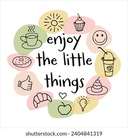 Enjoy the little things. Aesthetic doodle set of hand drawings, handmade sketches. Food and Drink, fast food doodles vector set in line style