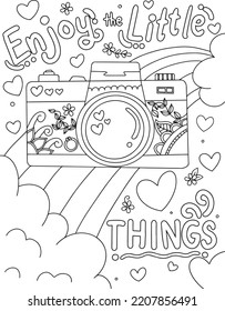 Enjoy the little things with camera cartoon and flower elements. Hand drawn with inspiration word. Doodles art for Happy Valentine's day card or greeting card. Coloring book for adults.