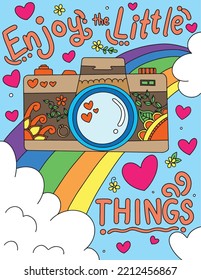 Enjoy the little things font with camera cartoon and flowers elements. Hand drawn with inspiration word. Doodles art for Happy Valentine's day card or greeting card. Coloring book for adults.