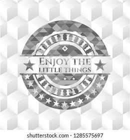 Enjoy the little things grey emblem. Vintage with geometric cube white background