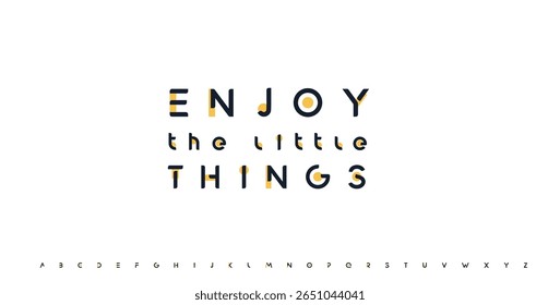 Enjoy the little things lettering, inspirational quote, motivational phrase. Futuristic geometric alphabet logo font. Vector illustration