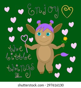 Enjoy the little things vector illustration Inspiration quote Motivation words Calligraphy swirls letters Baby satyr cartoon character w heart shaped soap bubbles and flower Posters or greetings card