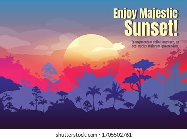 Enjoy majestic sunset poster flat vector template. Scenic sky upon tropical forest landscape. Brochure, booklet one page concept design with cartoon characters. Jungle flyer, leaflet