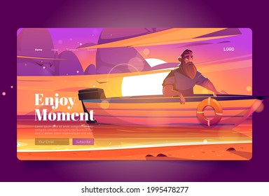 Enjoy moment banner with man in boat on sunset background. Vector landing page of tranquility rest at nature with cartoon illustration of landscape with lake, orange sky and person with beard in boat