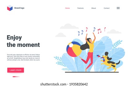 Enjoy moment concept vector illustration. Cartoon girl character jumping to music, playing with ball and enjoying fun time with pet dog together, happy life moments, positive mindset landing page