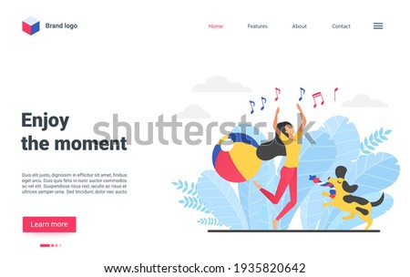Enjoy moment concept vector illustration. Cartoon girl character jumping to music, playing with ball and enjoying fun time with pet dog together, happy life moments, positive mindset landing page