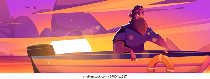 Enjoy moment poster with man in boat on sunset background. Vector banner of tranquility rest at nature with cartoon illustration of lake, sun and person with beard in boat