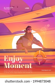 Enjoy moment poster with man in boat on sunset background. Vector flyer of tranquility rest at nature with cartoon illustration of lake, sun and person with beard in boat
