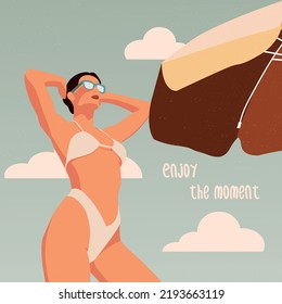 Enjoy the moment. Retro postcard. The girl is sunbathing in the sun. Flat vector illustration