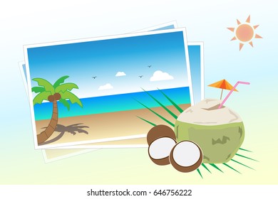 Enjoy the moment of vacation time with beautiful sun beach and coconut juice vector