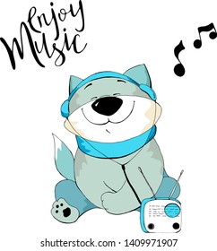 Enjoy music. Cat listening to music. Hand drawn vector illustration. Can be used for t-shirt print, kids wear fashion design, baby shower invitation card