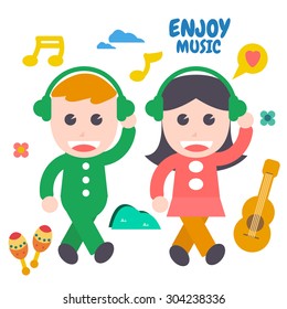 Enjoy Music, Flat Design Elements. Vector Illustration.