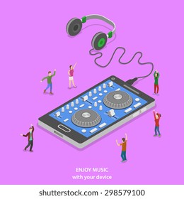 Enjoy music isometric flat vector concept. People are dancing around smartphone that looks like dj mixer.