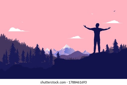 Enjoy nature - Man raising arms on a hill, taking in fresh air and looking at the beautiful view. Mountains and forest in background. Personal freedom, recreation and time of concept. Vector.