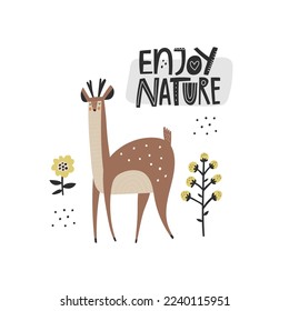 Enjoy Nature scandinavian style lettering inscription. Cute hand drawn deer character with antlers isolated on white. Cartoon text quote, brown roe stag, flowers clipart. Kid flat vector illustration
