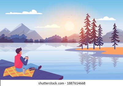 Enjoy nature at sunset vector illustration. Cartoon young man character sitting on wooden pier, enjoying natural outdoor landscape, blue lake, island with pine trees, mountains and sun above horizon