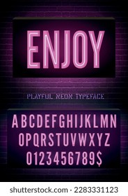 Enjoy neon box sign with pink narrow alphabet on dark brick wall background. Vector illustration