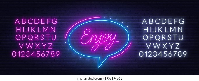 Enjoy neon glowing lettering on brick wall background.