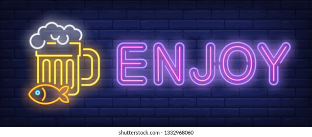 Enjoy neon sign. Beer mug and fish. Alcoholic beverage store, bar, pub. Night bright advertisement. Vector illustration in neon style for drinks, service, entertainment