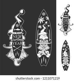 Enjoy New Surfing Year emblems. Vector monochrome illustration.