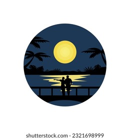 enjoy the night with your partner on the bridge, with a view of the beach, and the full moon, vector illustration, silhouette suitable for screen printing, wall decoration, logo, background, poster.