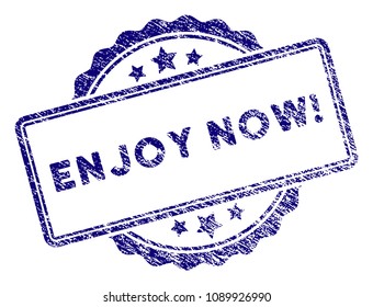 Enjoy Now stamp seal. Vector element with grainy design and dust texture in blue color. Designed for overlay watermarks and grunge textured rubber seal imitations.