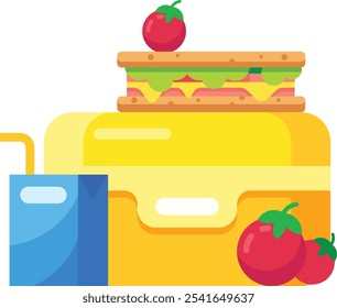 Enjoy a nutritious school lunch with a colorful lunchbox packed with fresh fruits, veggies, sandwich, tomatoes, and juice