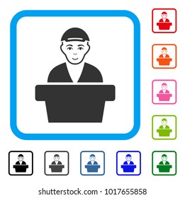 Enjoy Official Clerk vector icon. Person face has happiness emotion. Black, grey, green, blue, red, pink color variants of official clerk symbol inside a rounded squared frame. A guy with a cap.