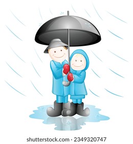 Enjoy Old couple Under Red Umbrella in Rainy Day Cartoon