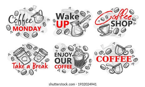 Enjoy our coffee morning shop, set banner. Take coffee service with you, vector illustration. Hot cappuccino style label in a cup. Natural restaurant beverage. Delicious drink for breakfast