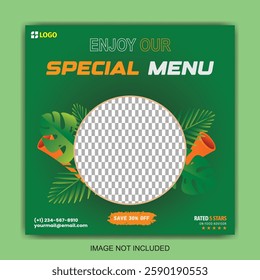 Enjoy our special menu. Social media poster.