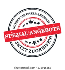 Enjoy our special offer. Get it now! - German business printable label / stamp / sticker (Nutzen Sie unser Angebot. Spezial Angebote. Jetzt Zugreifen) Print colors (cmyk) used