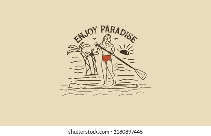 Enjoy Paradise Vintage Graphic Woman Paddle Surf Illustration