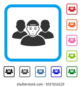 Enjoy People Group vector icon. Human face has joy feeling. Black, gray, green, blue, red, orange color versions of people group symbol in a rounded rectangular frame. A guy in a cap.