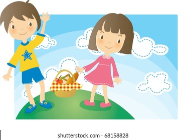 Enjoy Picnic and Happy Days background with blue sky and white cloud - smiling lovely young children with sweet lunch box in green field on spring vacation