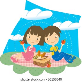 Enjoy Picnic and Happy Days background with blue sky and white cloud - smiling lovely young chilldren with food for lunch and sweet apples in green field on spring vacation