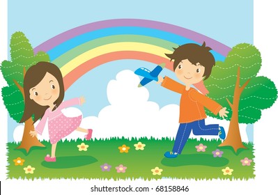 Enjoy Picnic and Happy Days background with blue sky and white cloud - playing smiling and lovely young children with toy airplane in green grass on spring vacation
