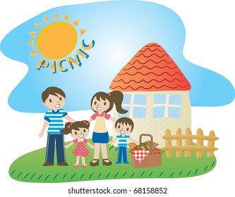 Enjoy Picnic and Happy Days background with blue sky and bright sunshine - smiling lovely people with sweet food for lunch in green field on summer vacation